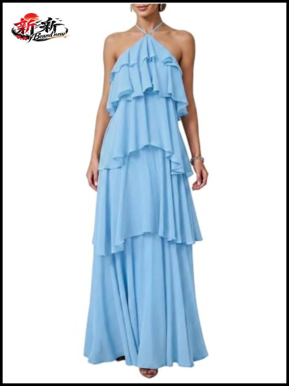 Women's Flowy Maxi Dress Halter Backless Sleeveless Ruffle Tiered 100% Polyester